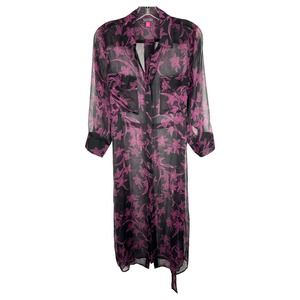 Vince Camuto XS Dress Semi Sheer Purple Black Floral Midi Button Down Belted 484